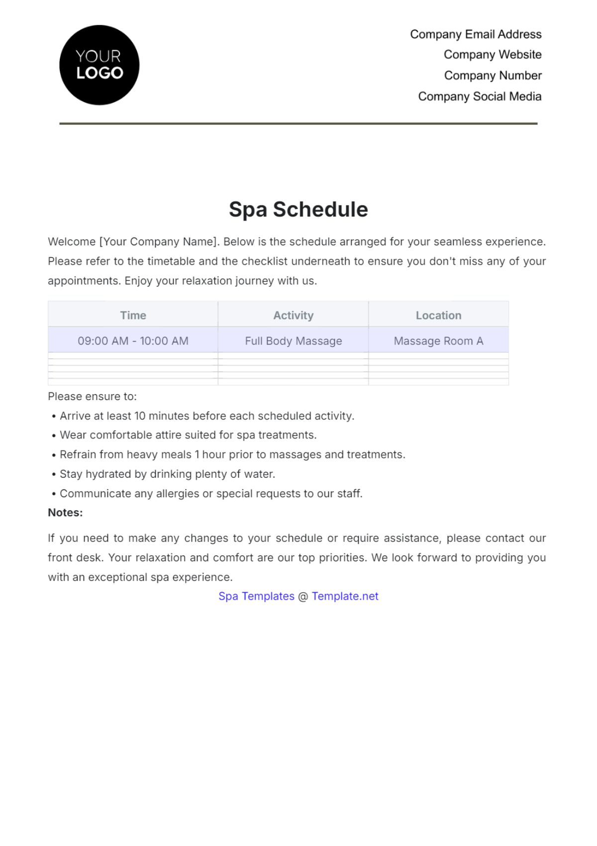 Spa Schedule Template - Edit Online & Download