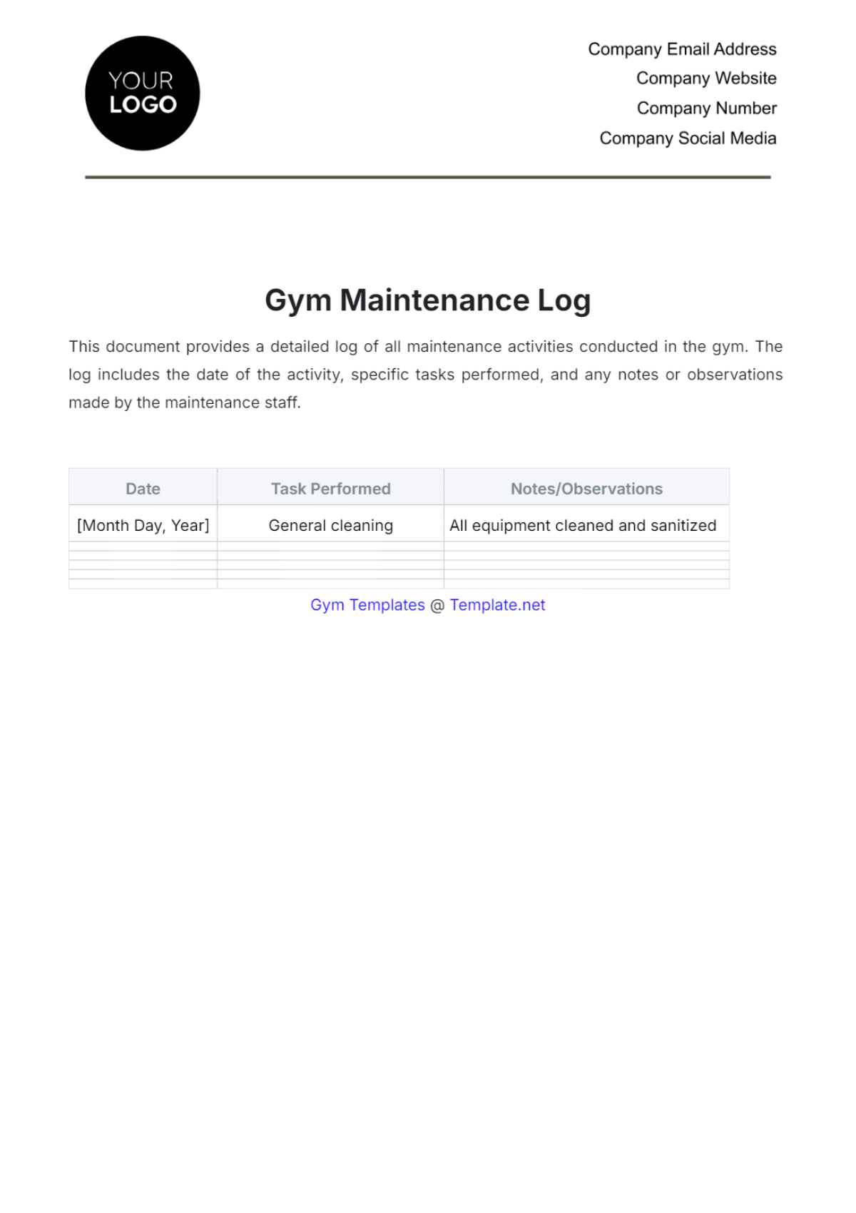 Gym Maintenance Log Template - Edit Online & Download