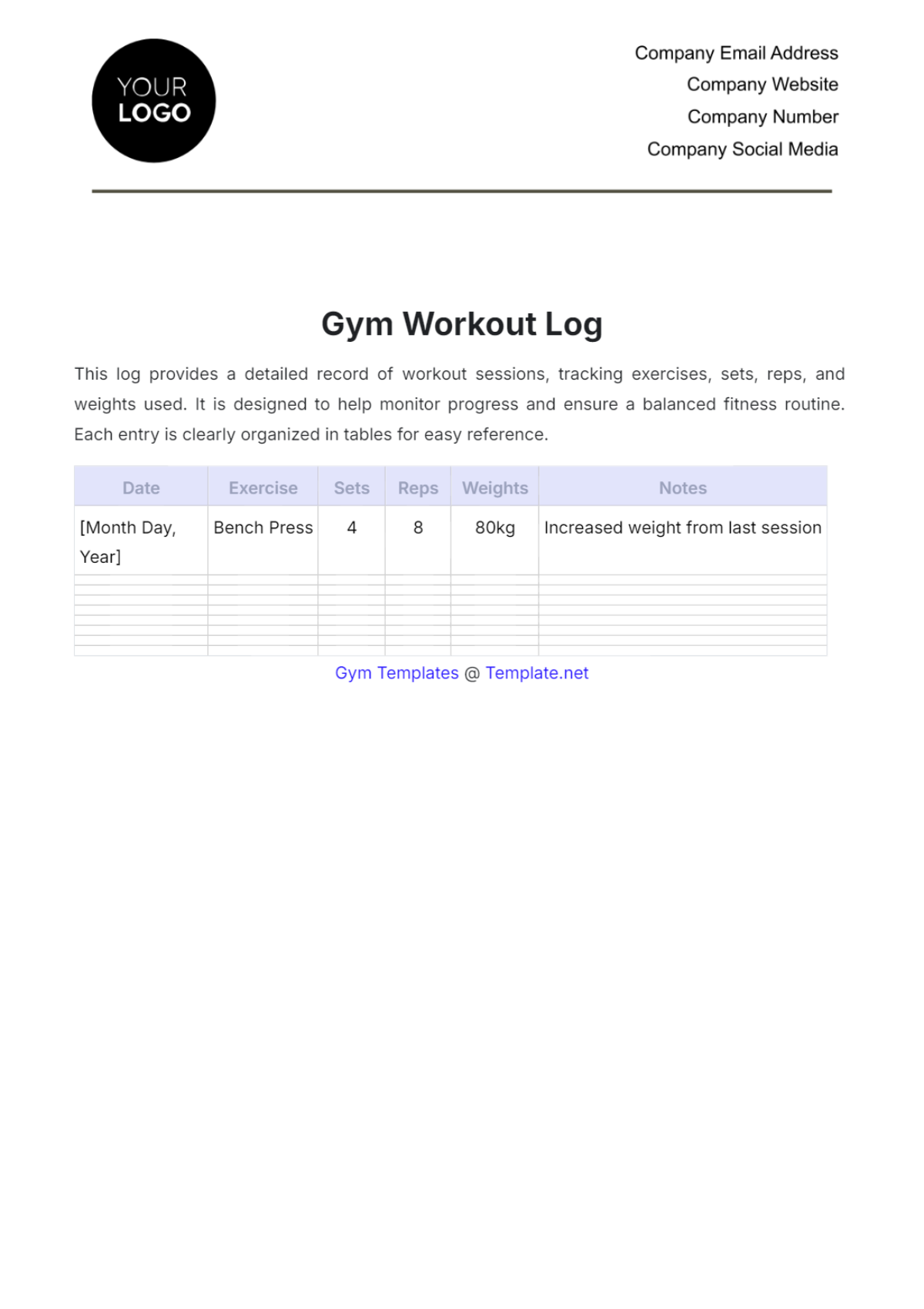 Gym Workout Log Template - Edit Online & Download