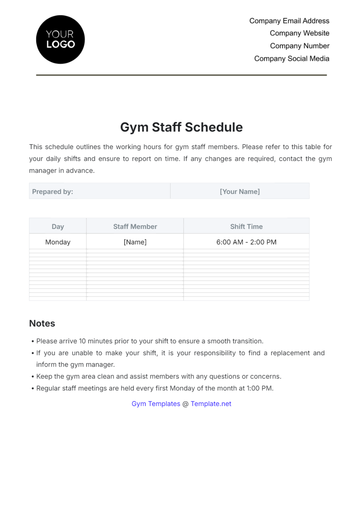 Gym Staff Schedule Template - Edit Online & Download