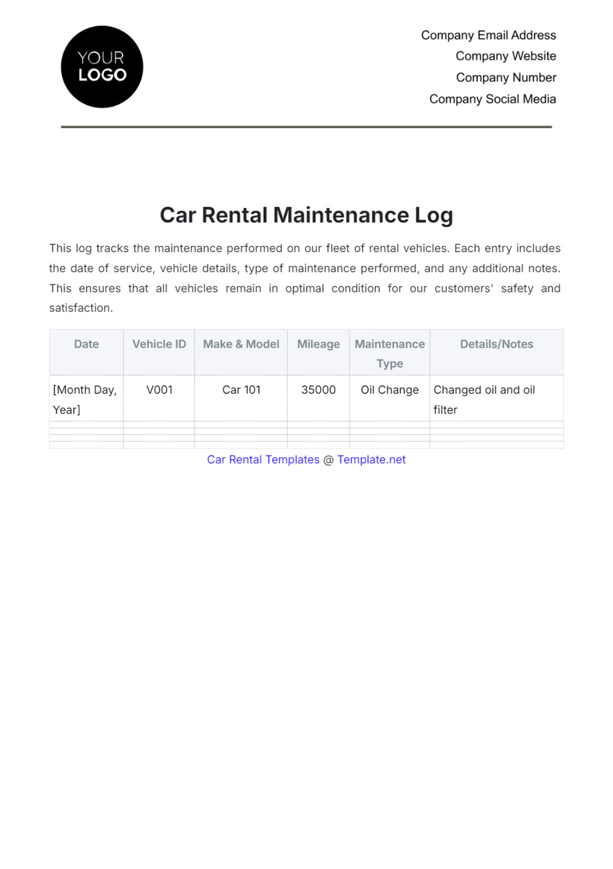 Car Rental Maintenance Log Template - Edit Online & Download