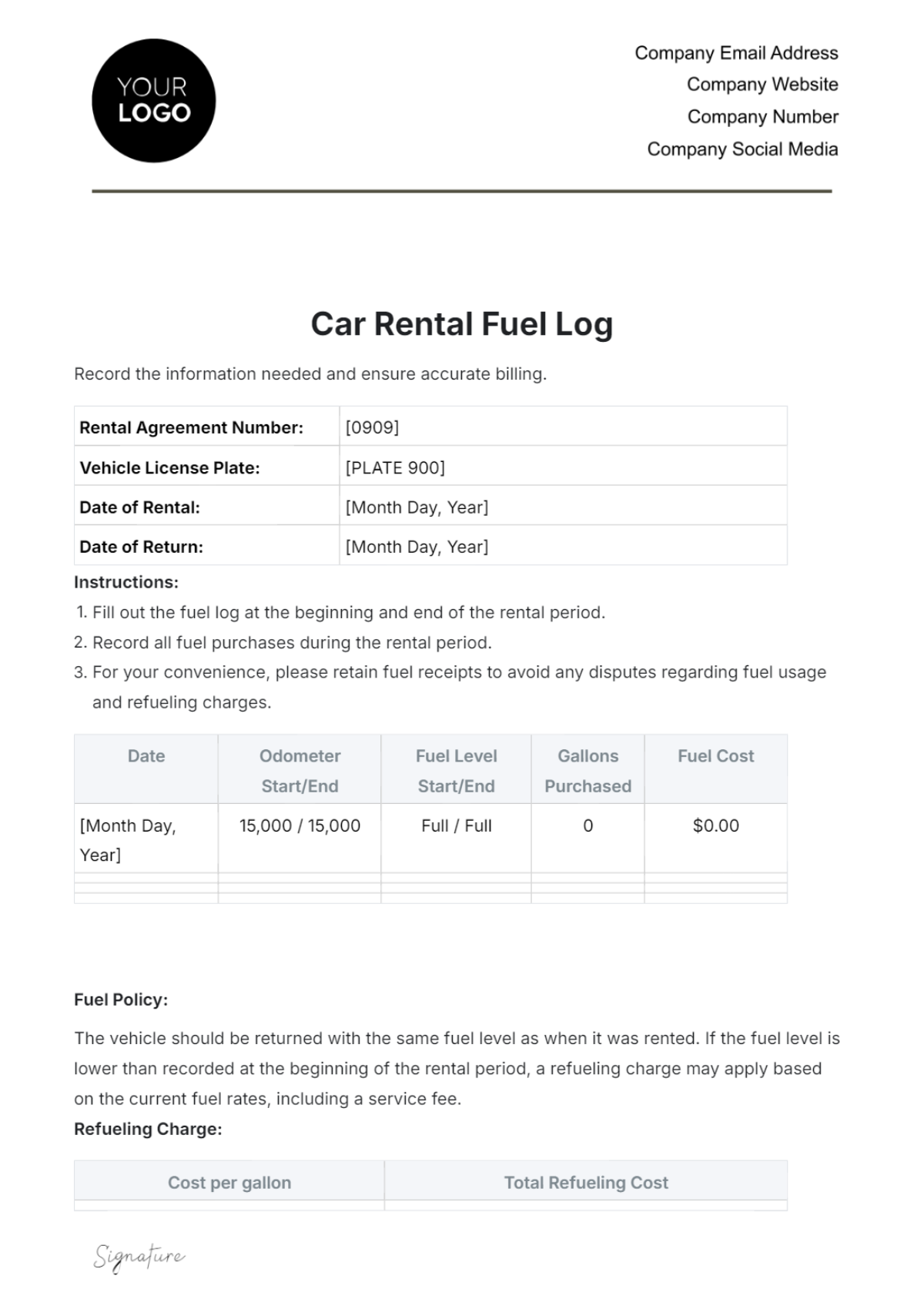 Car Rental Fuel Log Template - Edit Online & Download