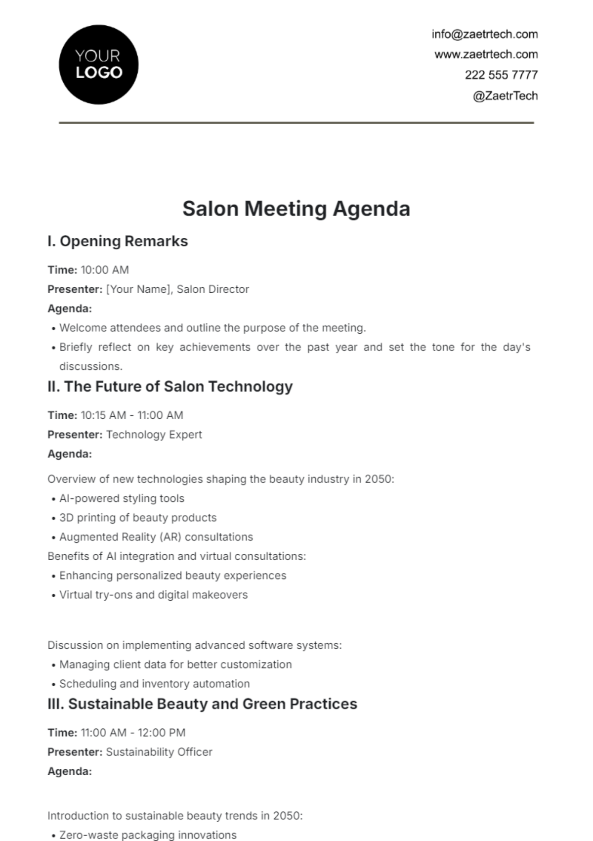 Salon Meeting Agenda Template