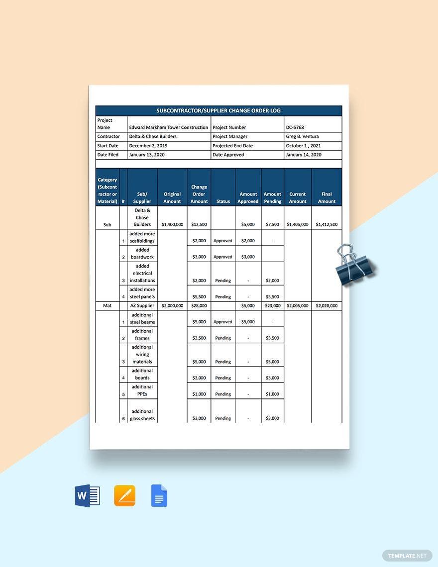 Subcontractor Supplier Change Order Log Template