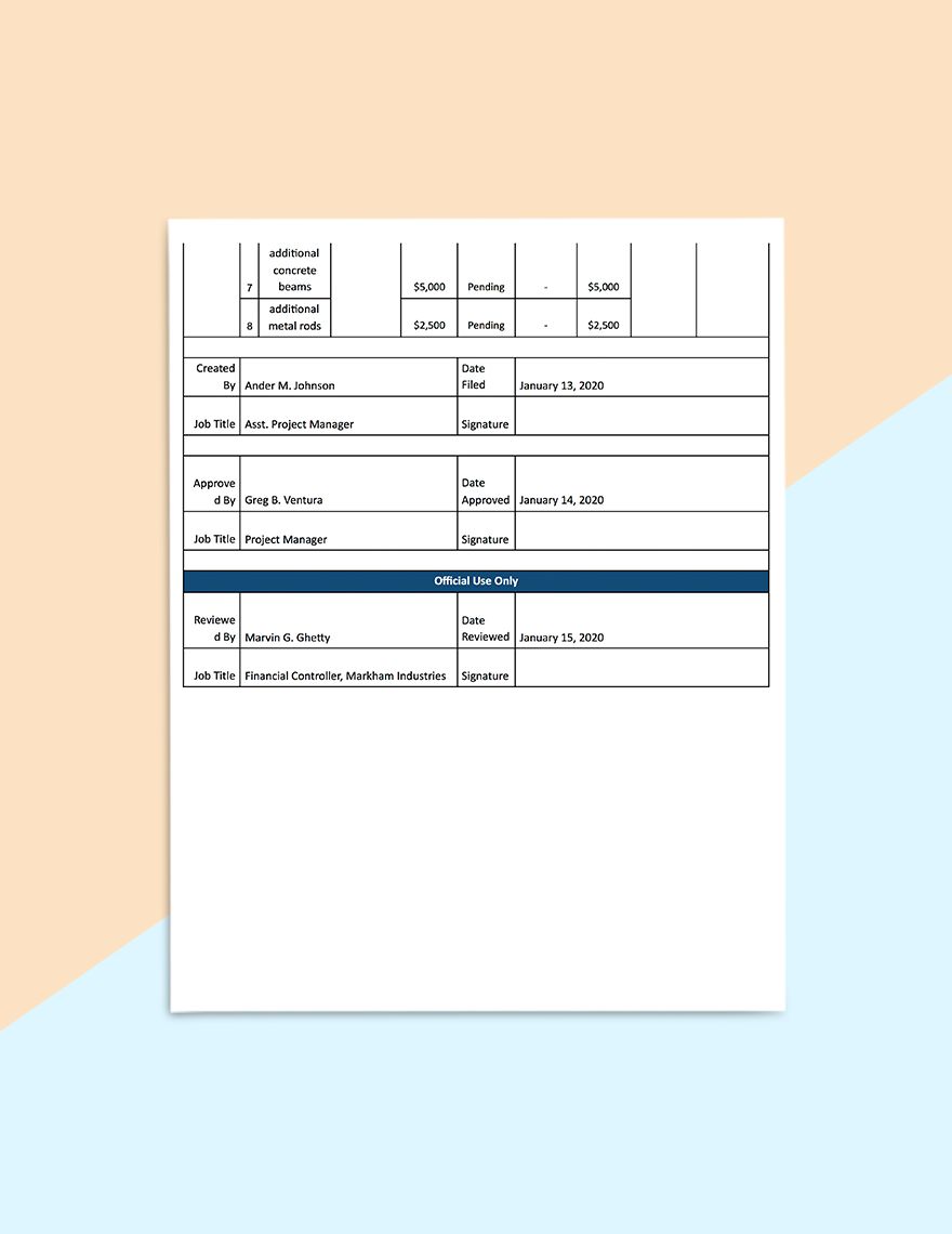 Subcontractor Supplier Change Order Log Template