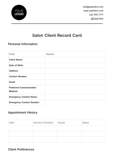 Free Salon Client Record Card Template to Edit Online