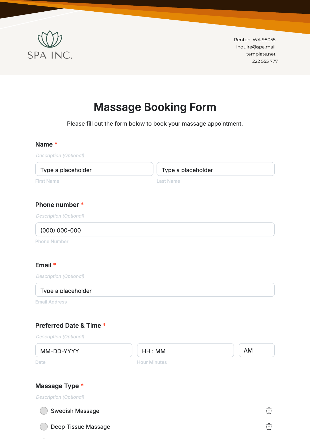 Massage Booking Form Template - Edit Online & Download