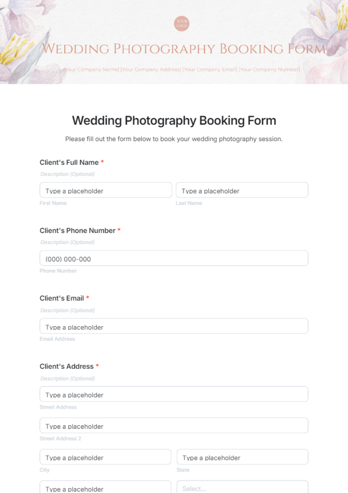 Wedding Photography Booking Form Template - Edit Online & Download