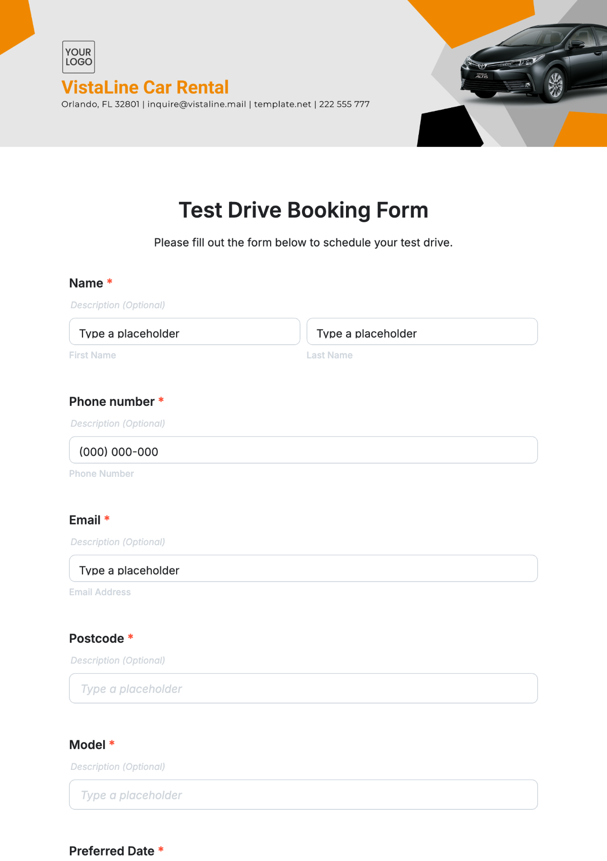 Test Drive Booking Form Template - Edit Online & Download