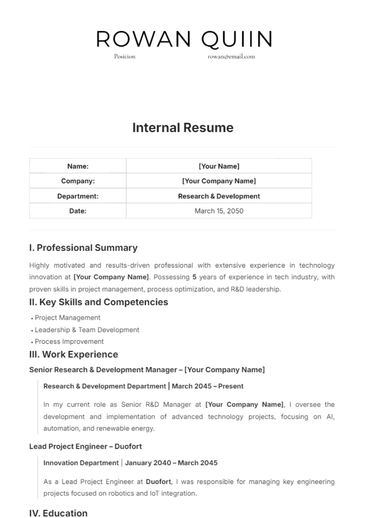 Internal Resume Template - Edit Online & Download