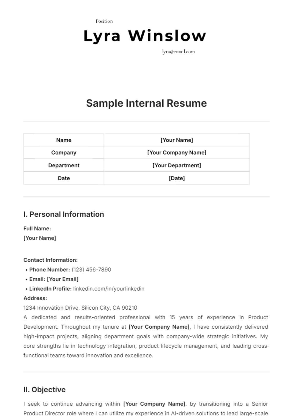 Free Sample Internal Resume Template - Edit Online & Download ...