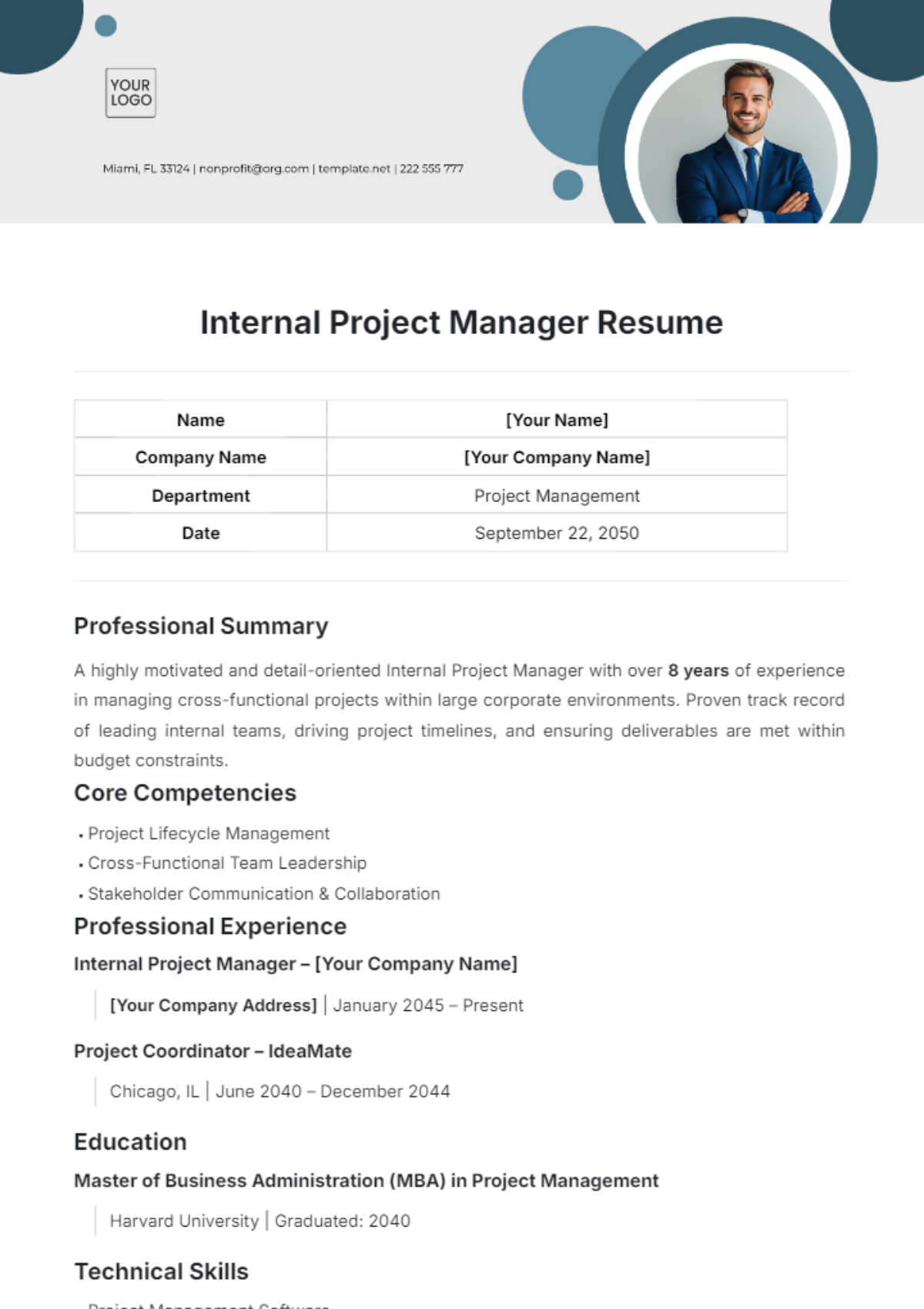 Internal Project Manager Resume Template - Edit Online & Download