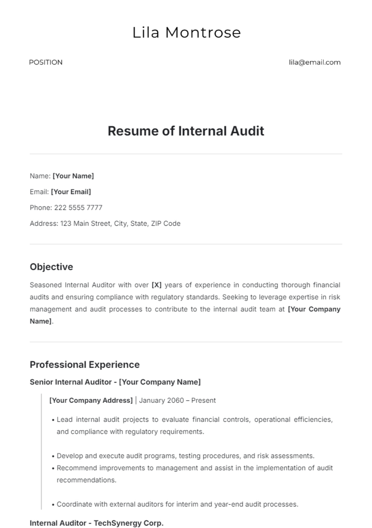 Resume of Internal Audit Template - Edit Online & Download