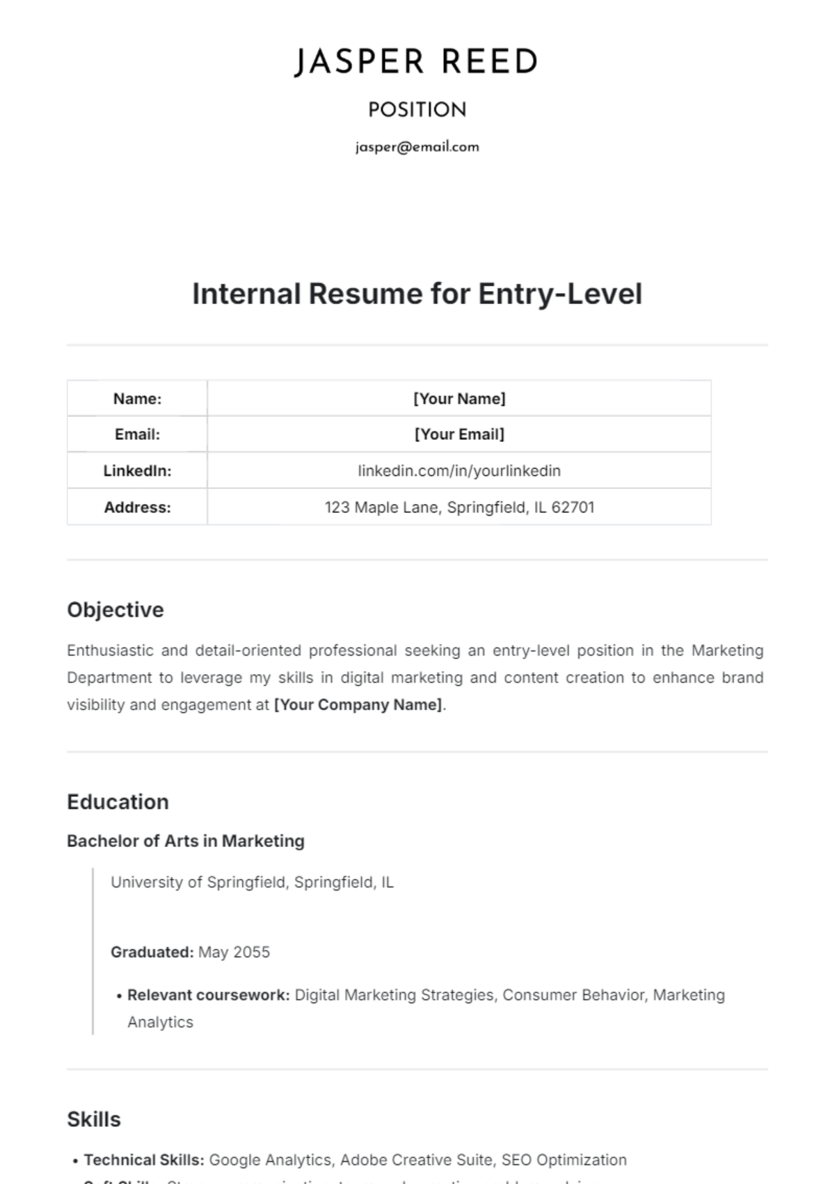 Internal Resume for Entry-Level Template - Edit Online & Download