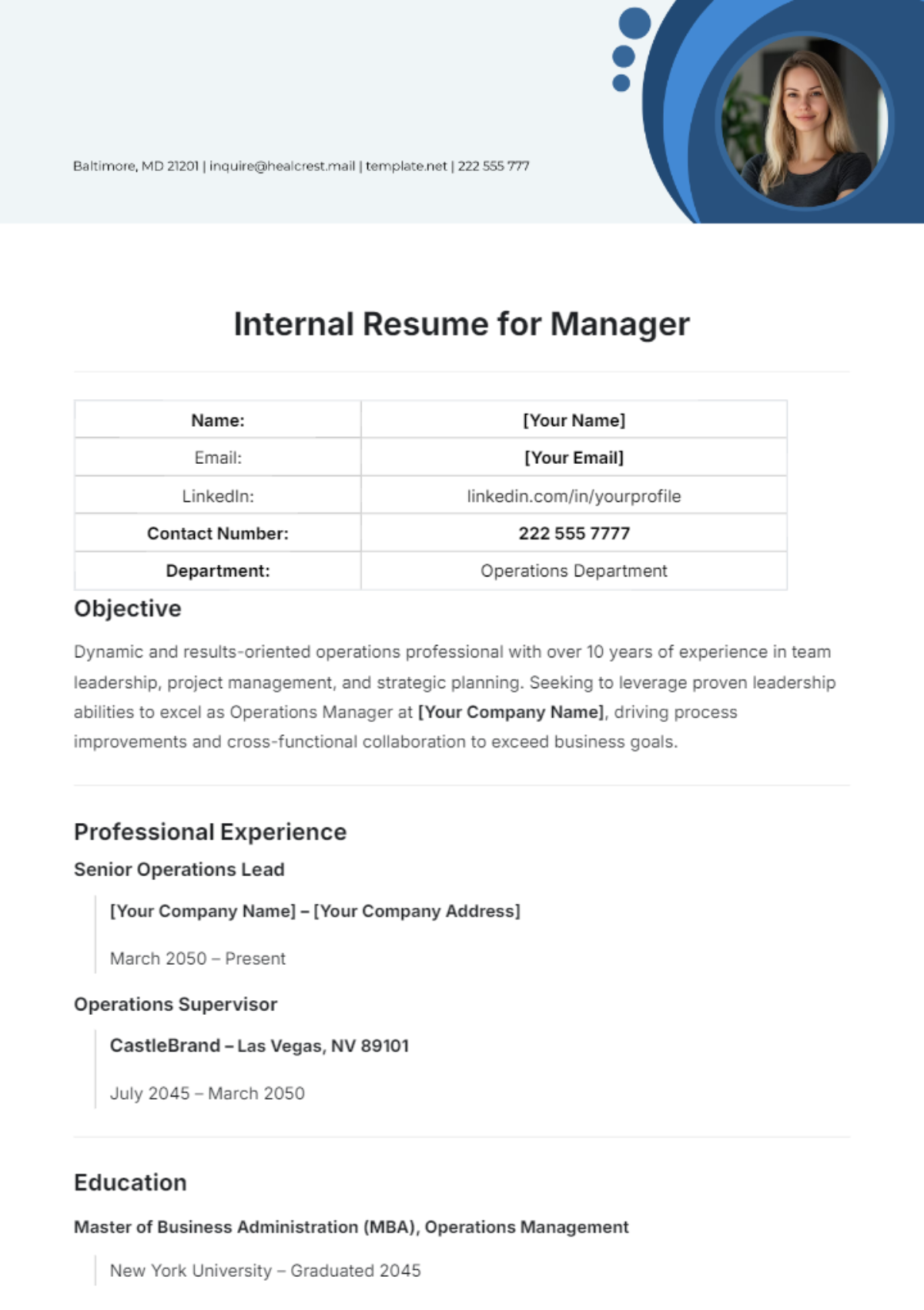 Internal Resume for Manager Template - Edit Online & Download