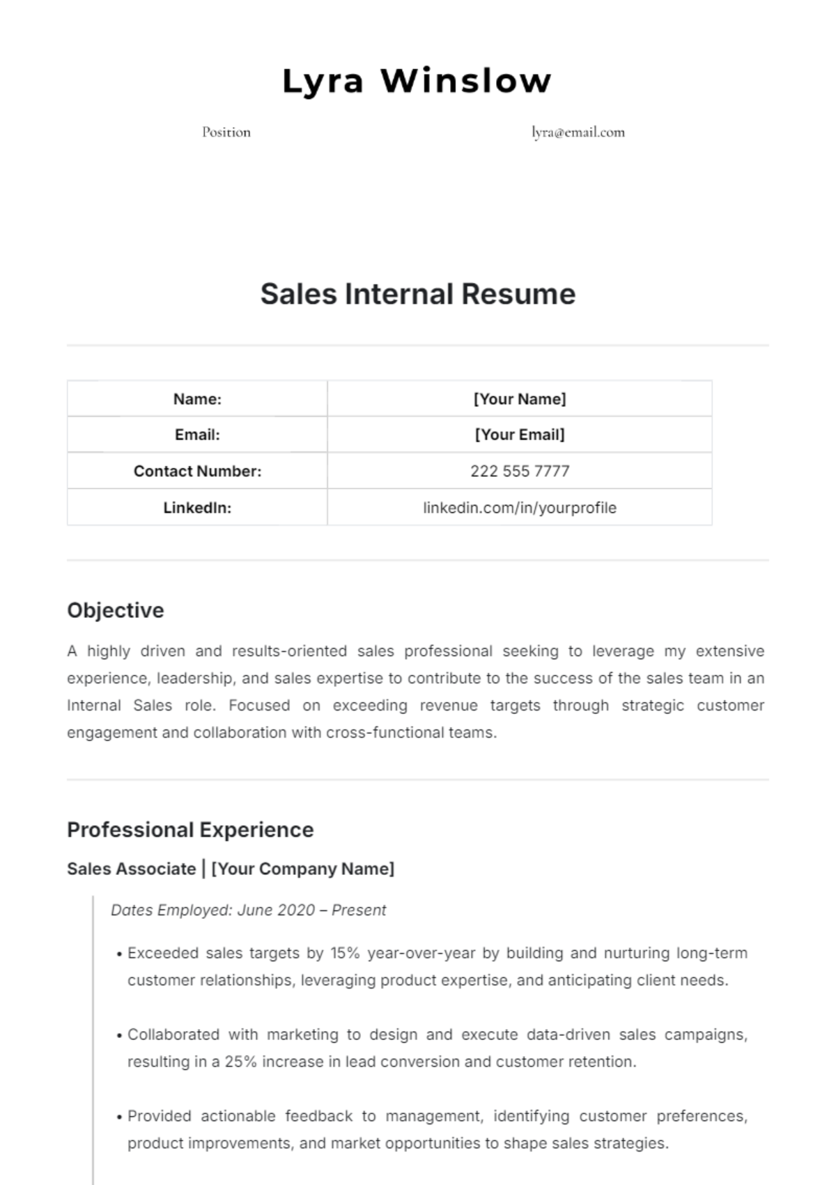 Sales Internal Resume Template - Edit Online & Download