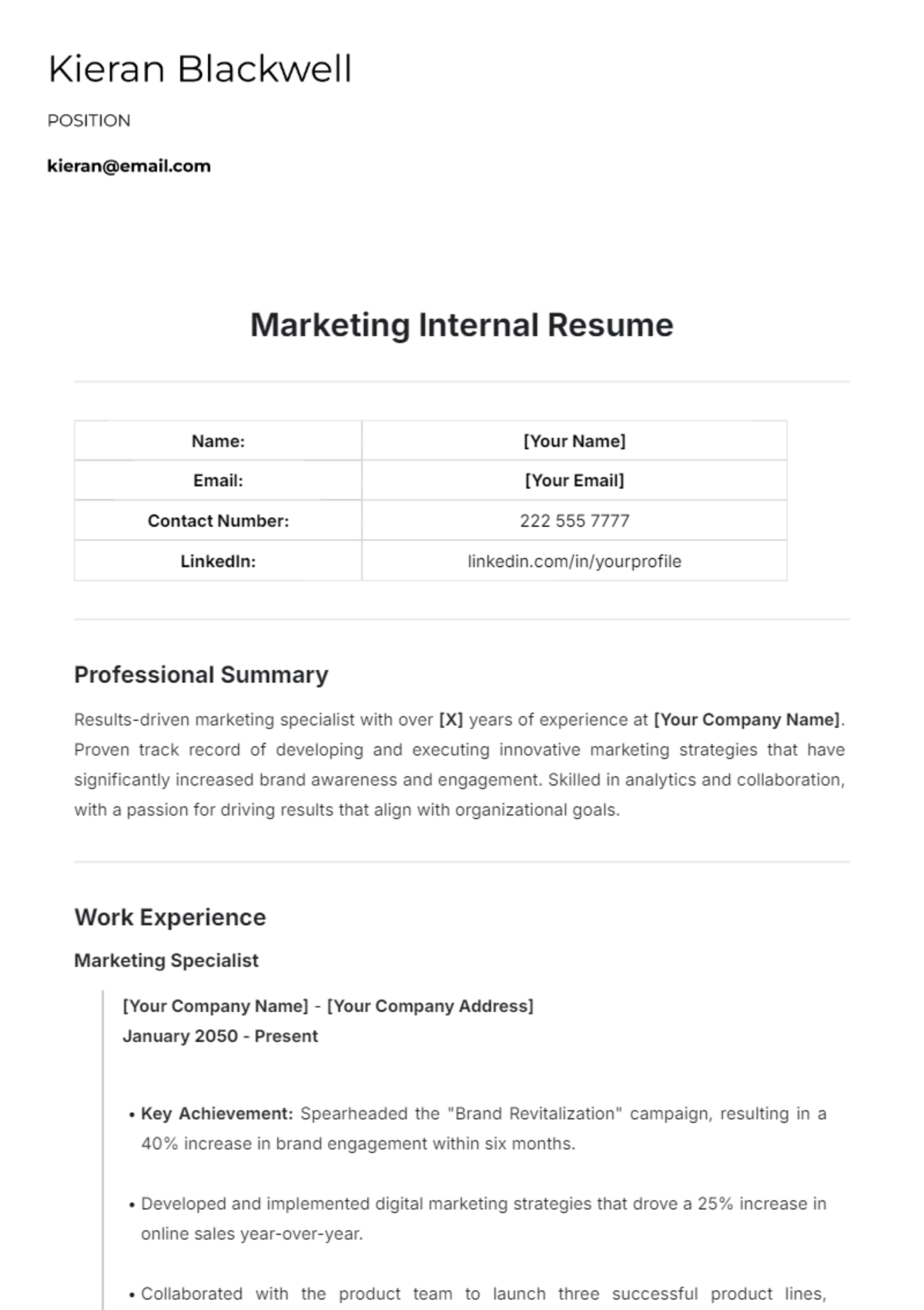 Marketing Internal Resume Template - Edit Online & Download