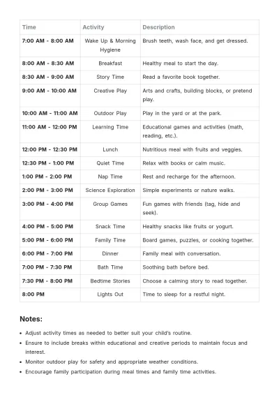 Free Children???s Daily Schedule Template to Edit Online
