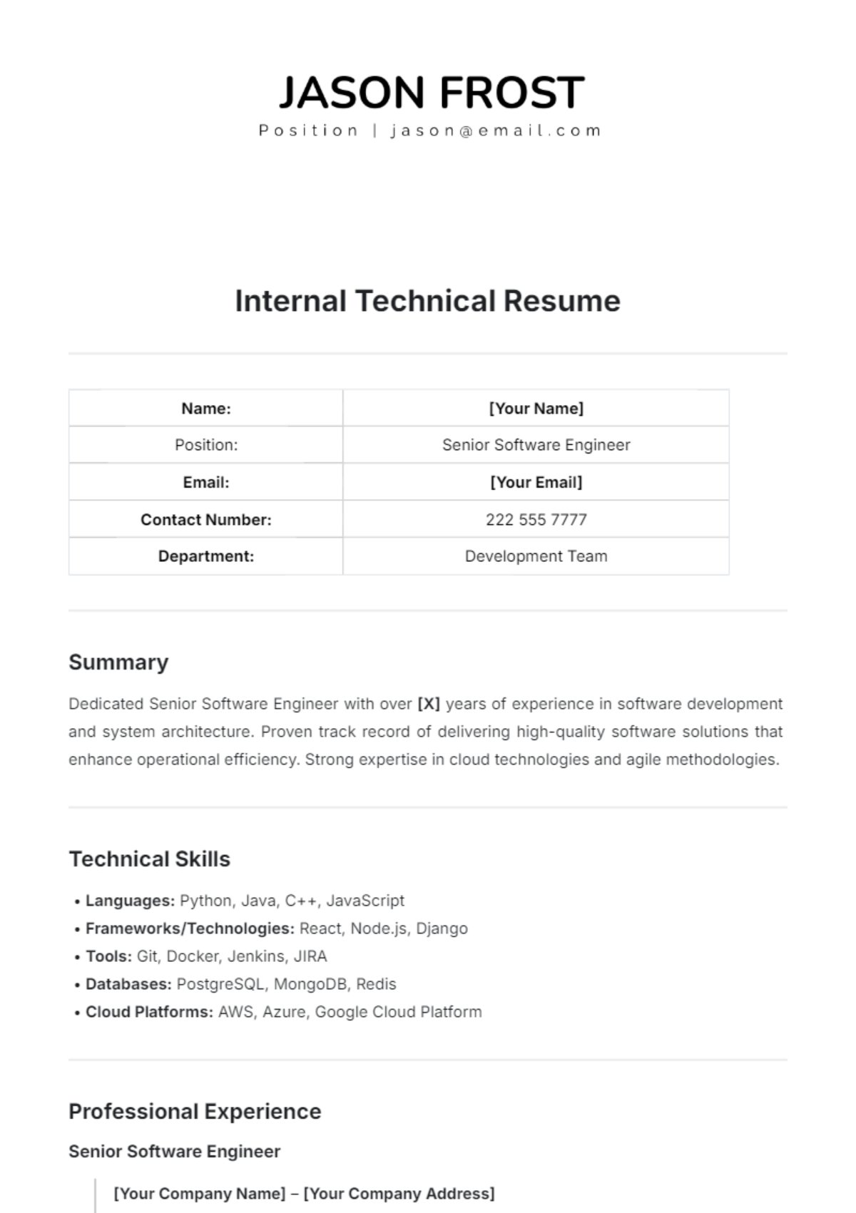 Internal Technical Resume Template - Edit Online & Download