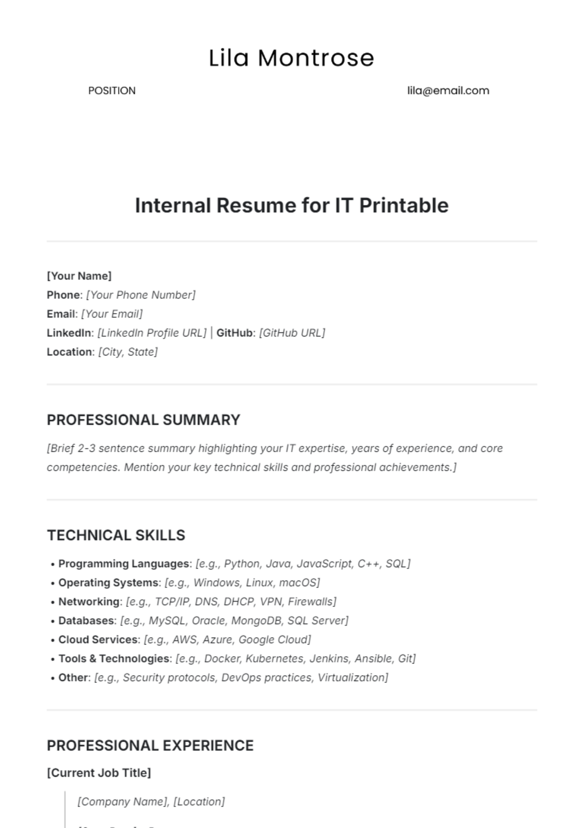 Internal Resume for IT Printable Template - Edit Online & Download