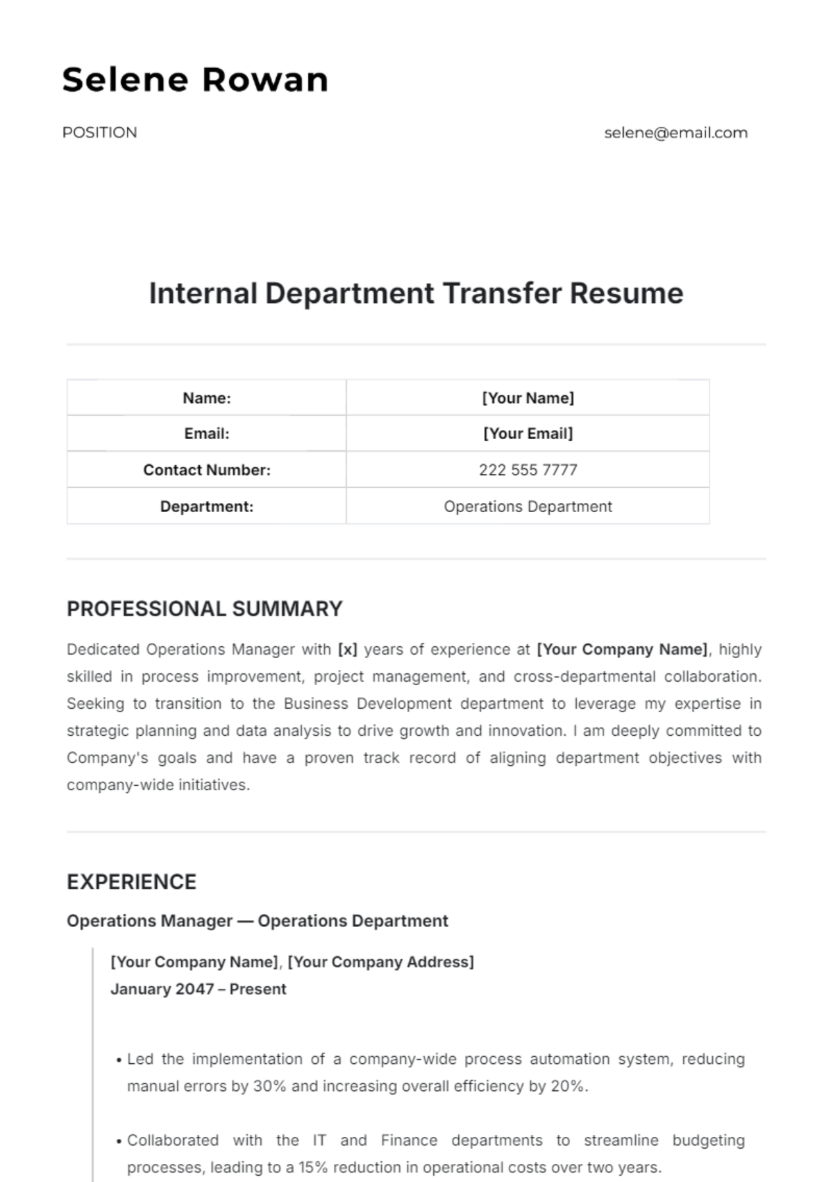 Internal Department Transfer Resume Template - Edit Online & Download