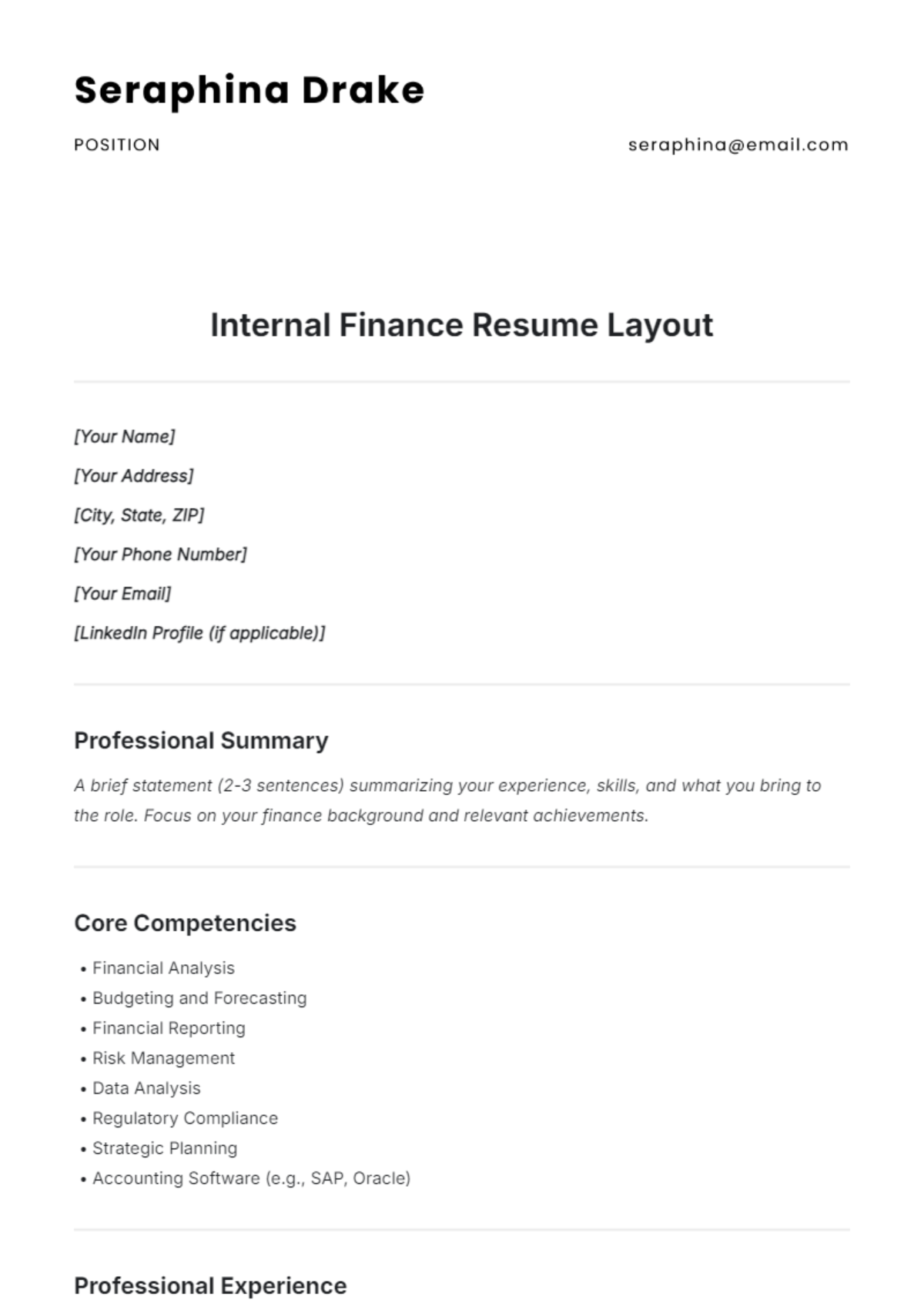 Internal Finance Resume Layout Template - Edit Online & Download