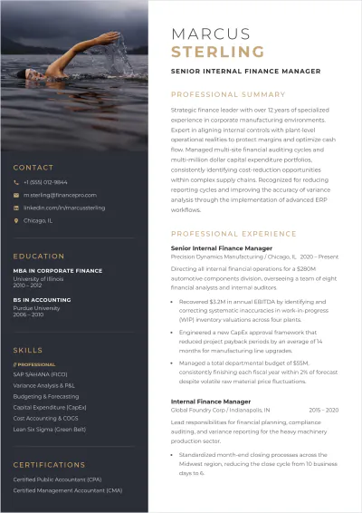 Free Internal Finance ATS Resume Template, AI Resume Builder