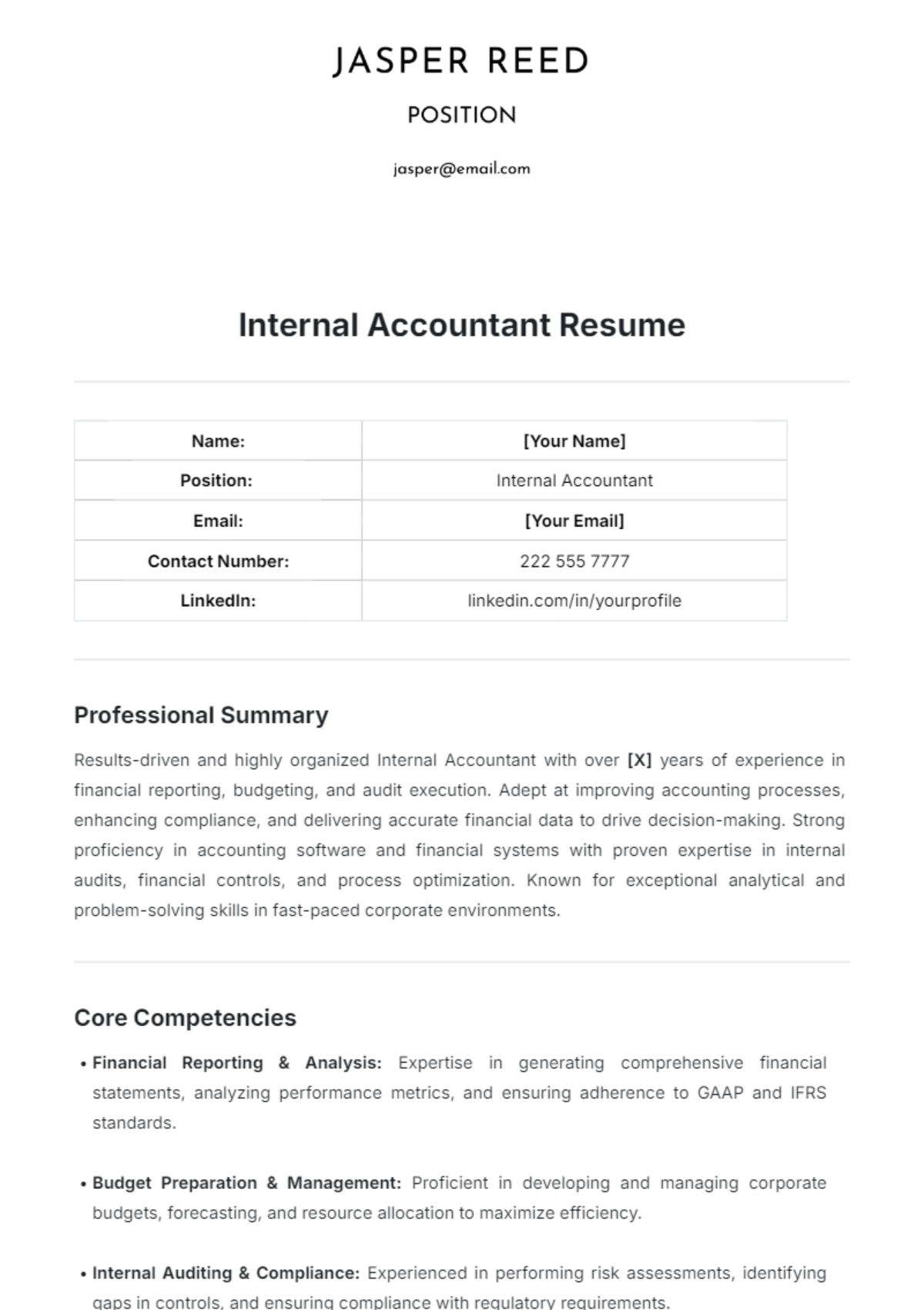 Internal Accountant Resume Template - Edit Online & Download