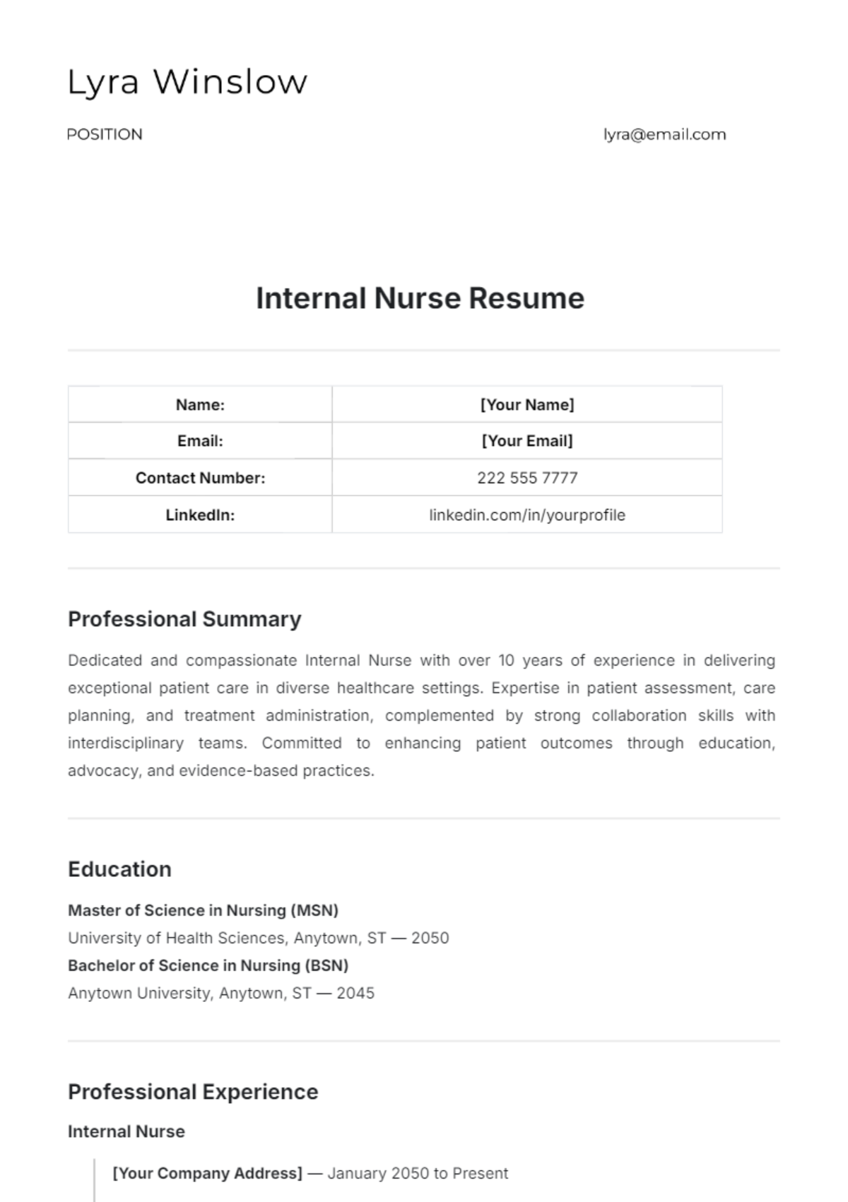 Internal Nurse Resume Template - Edit Online & Download