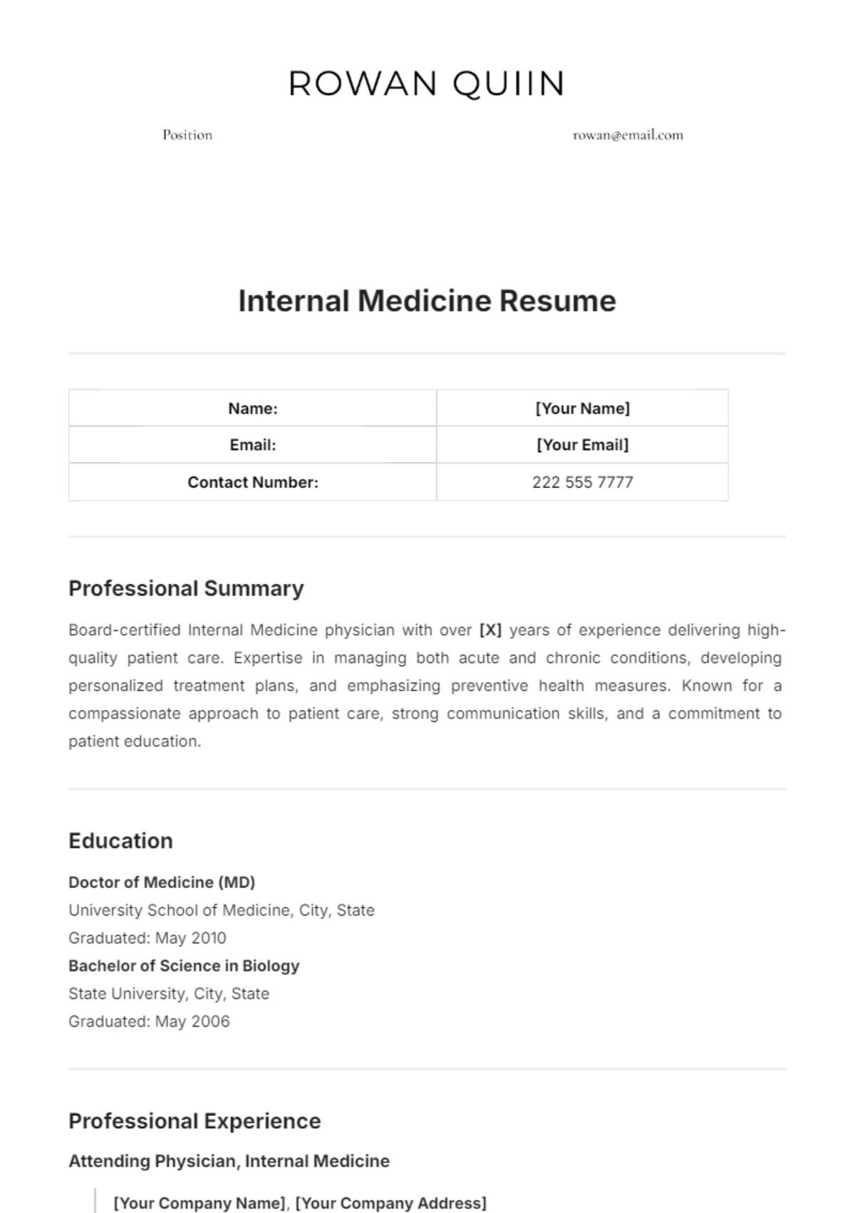 Internal Medicine Resume Template - Edit Online & Download