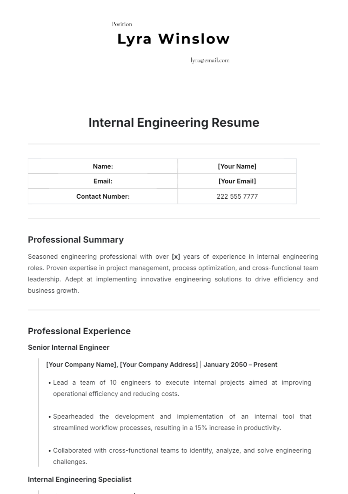 Internal Engineering Resume Template - Edit Online & Download