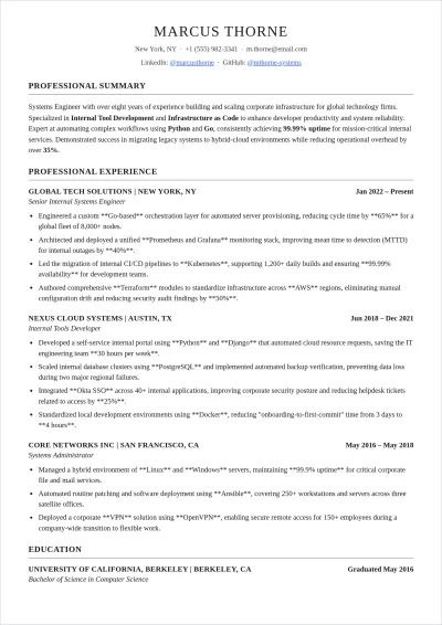 Free Internal Engineering ATS Resume Template, AI Resume Builder