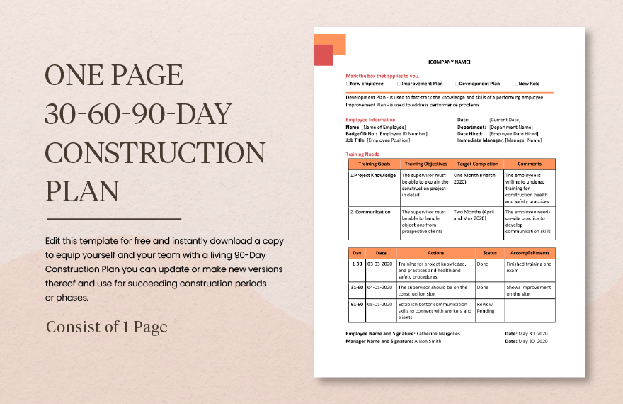 One Page 30-60-90-Day Construction Plan Template