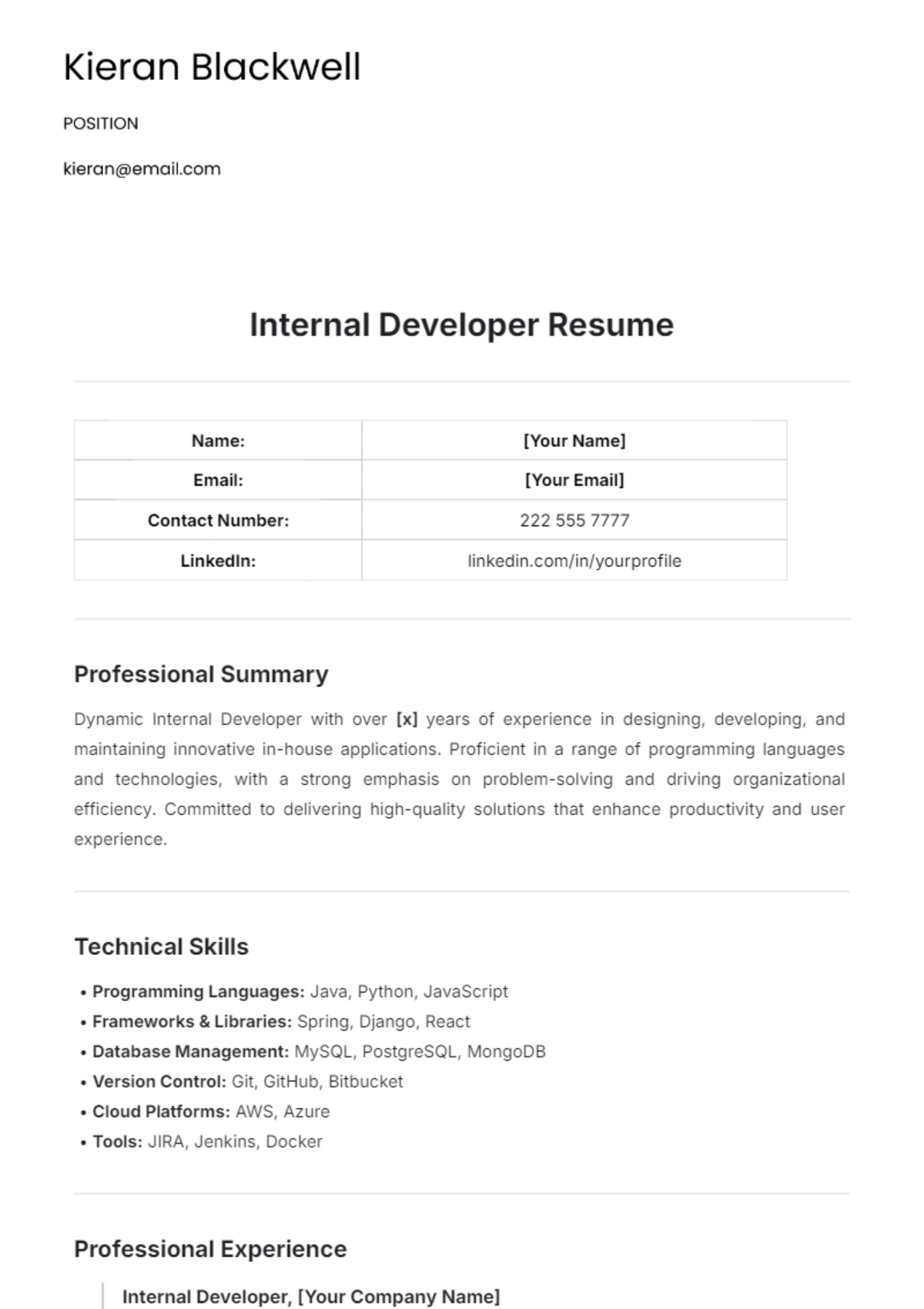 Internal Developer Resume Template - Edit Online & Download