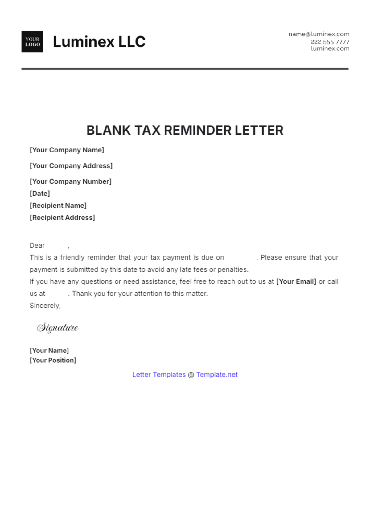 Blank Tax Reminder Letter Template - Edit Online & Download