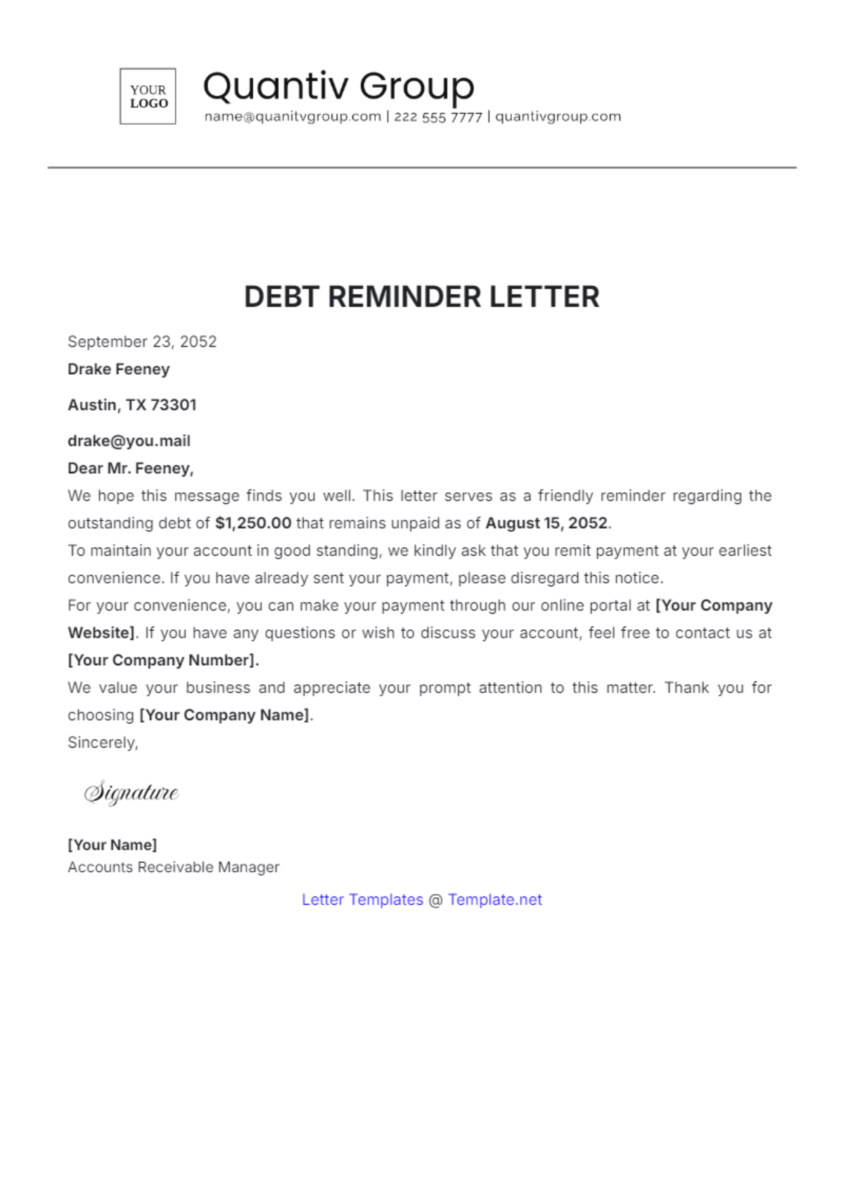 Debt Reminder Letter Template