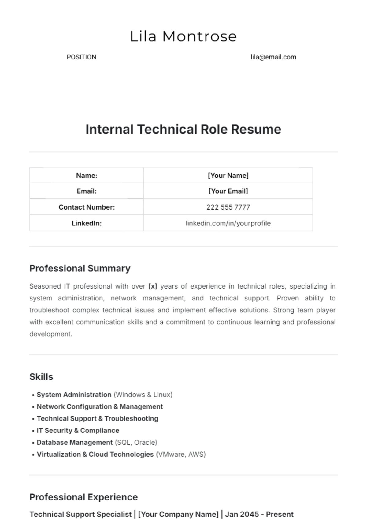 Internal Technical Role Resume Template - Edit Online & Download