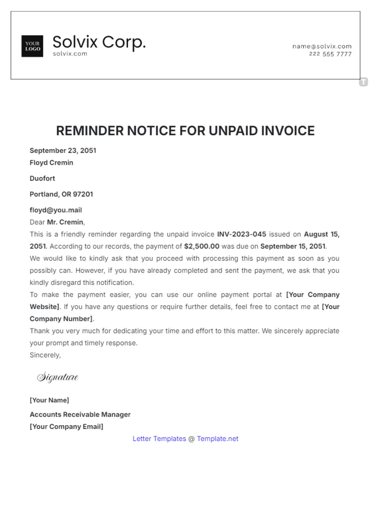 Reminder Notice for Unpaid Invoice Template