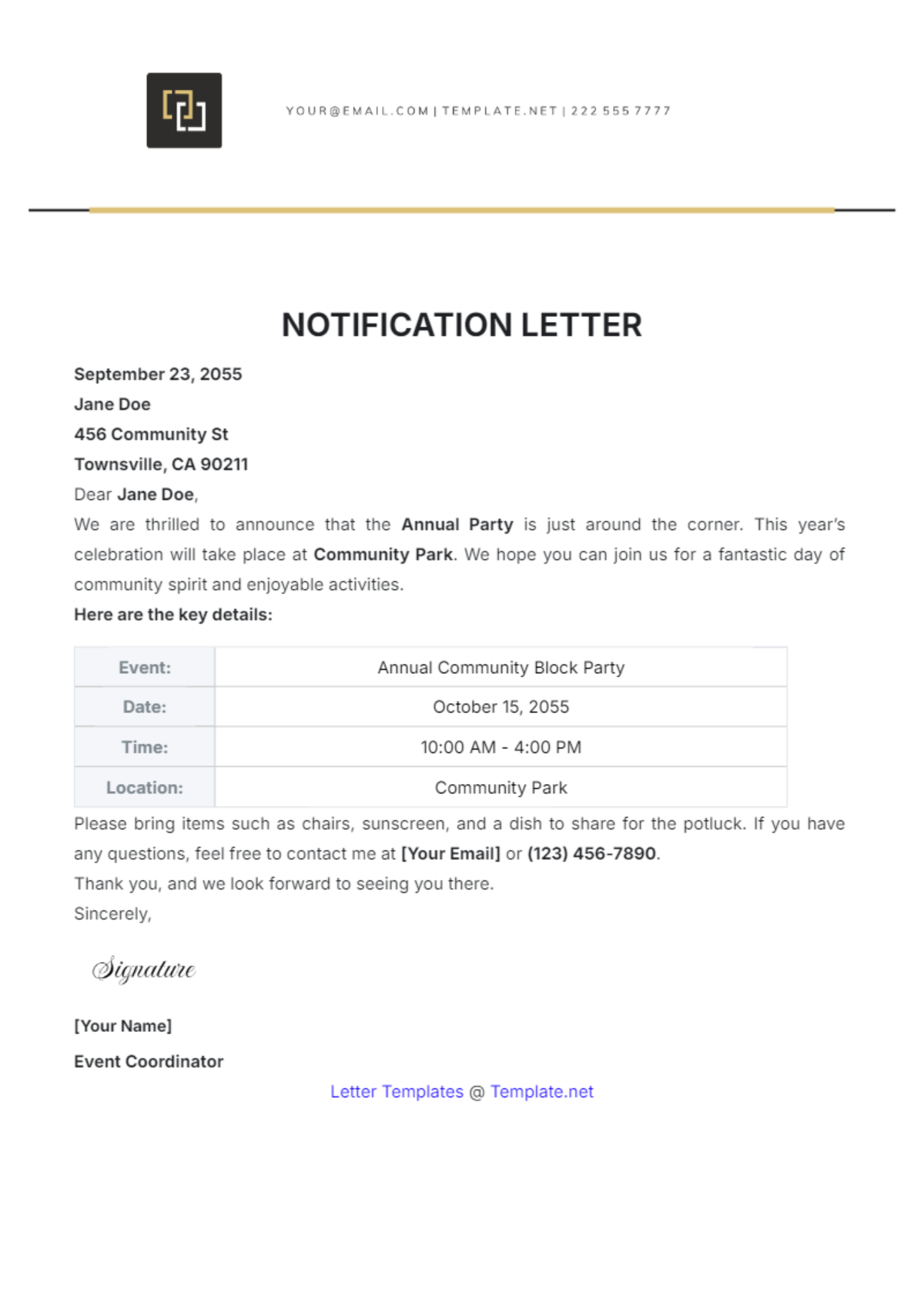 Notification Letter Template