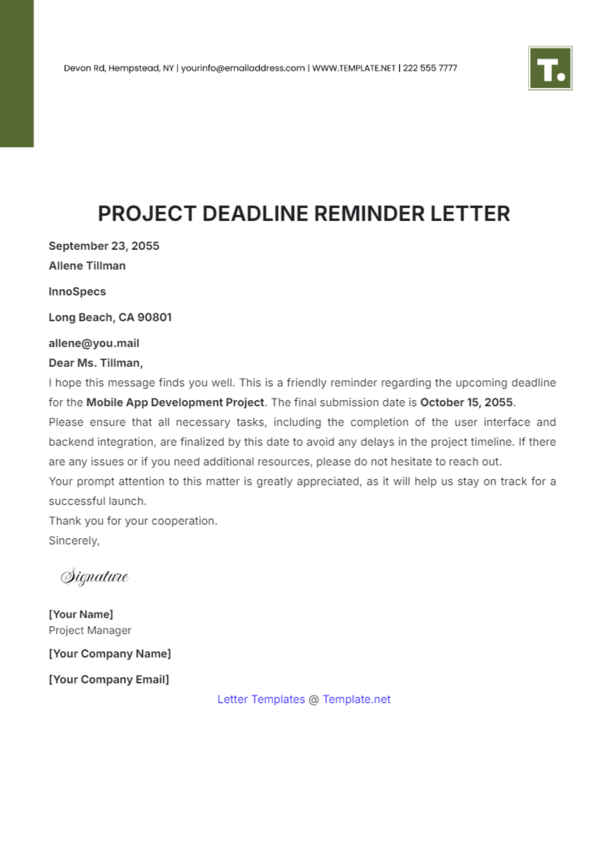 Project Deadline Reminder Letter Template - Edit Online & Download