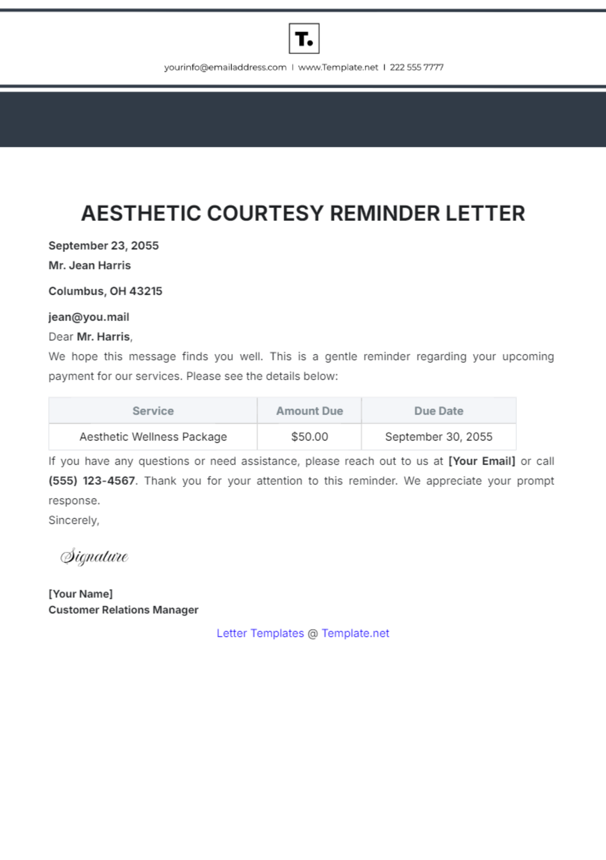 Aesthetic Courtesy Reminder Letter Template - Edit Online & Download