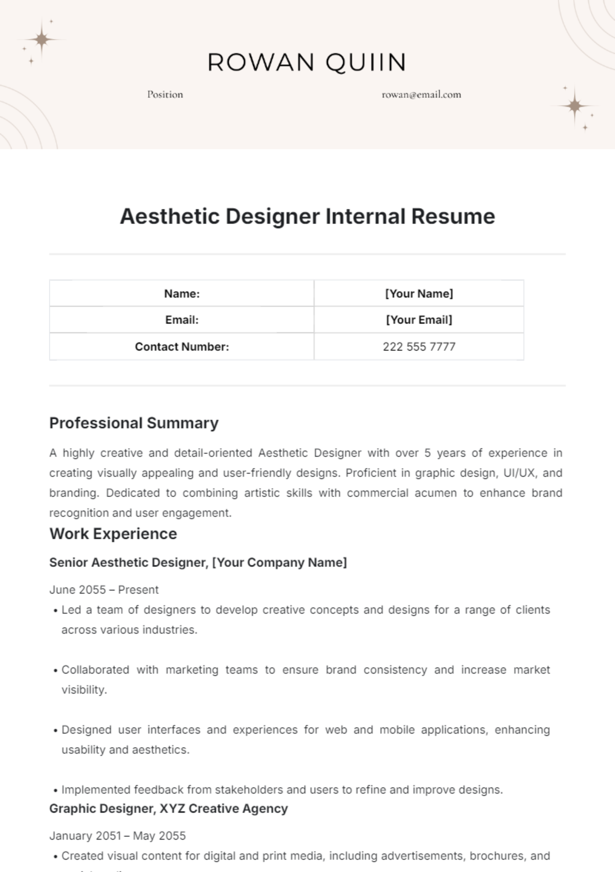 Aesthetic Designer Internal Resume Template - Edit Online & Download