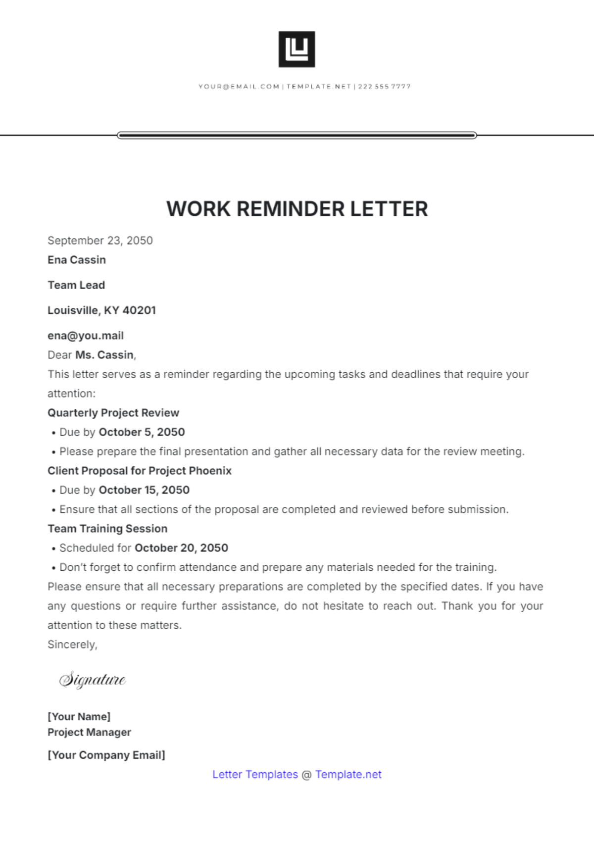 Work Reminder Letter Template - Download | Template.net