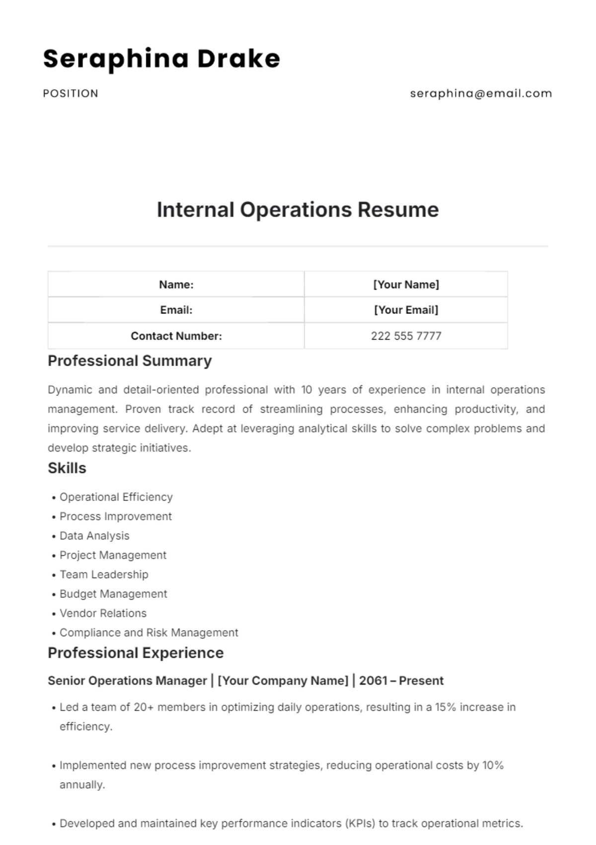 Internal Operations Resume Template - Edit Online & Download