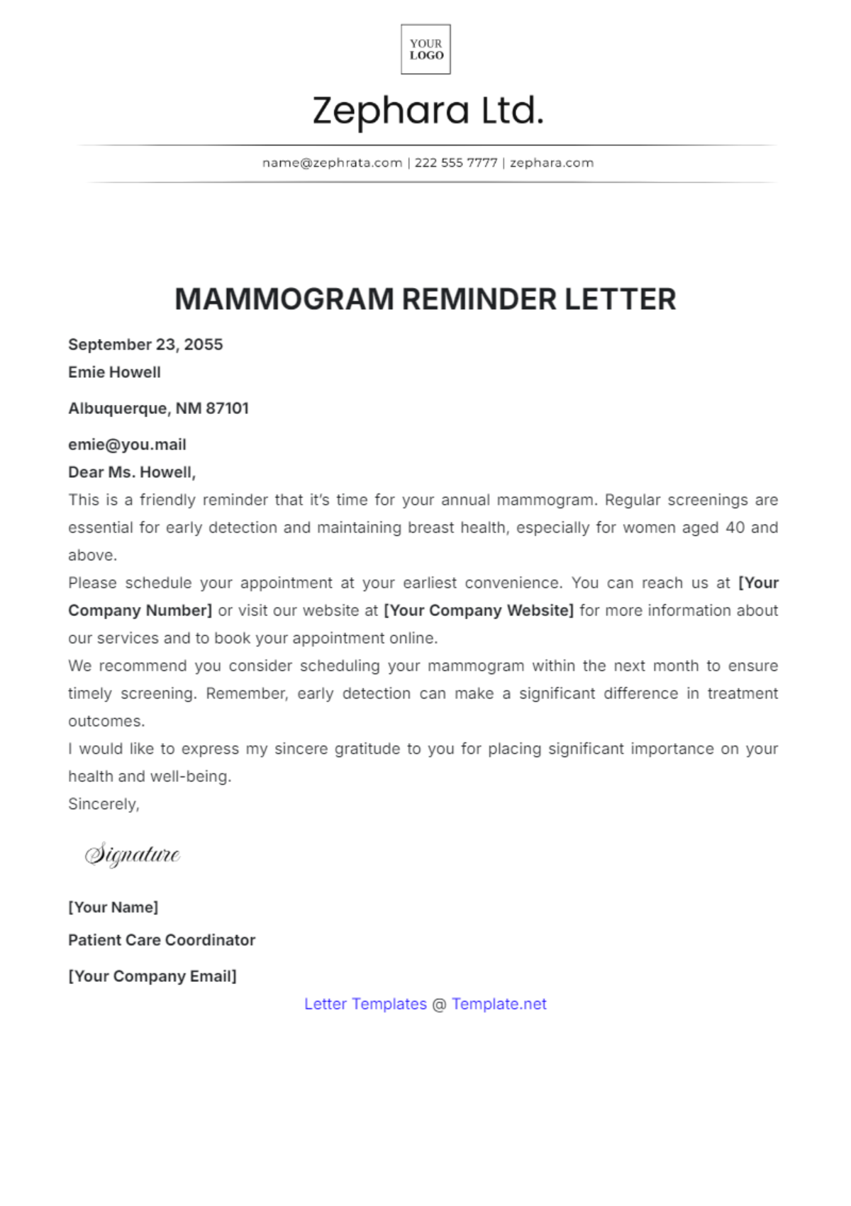 Mammogram Reminder Letter Template - Edit Online & Download