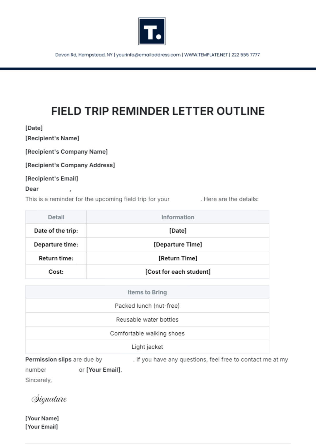 Field Trip Reminder Letter Outline Template - Edit Online & Download