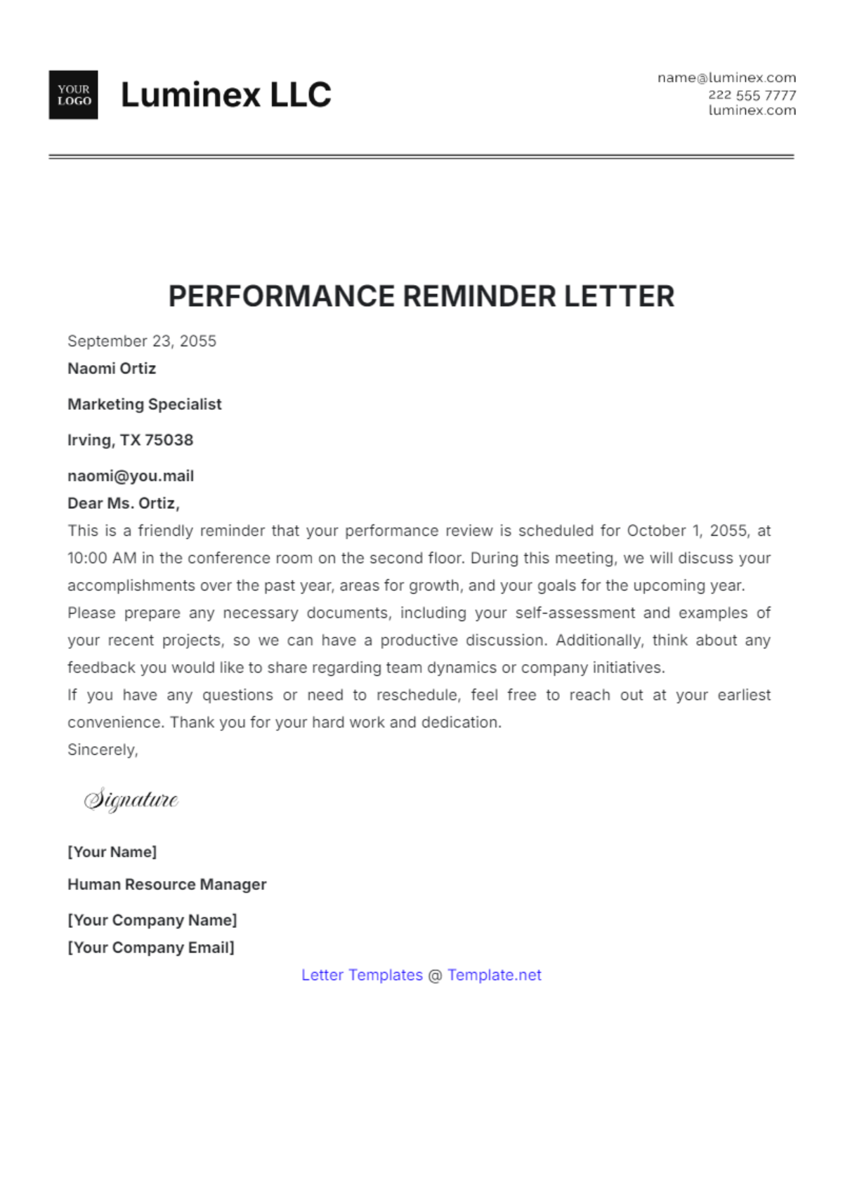 Performance Review Reminder Letter Template - Edit Online & Download