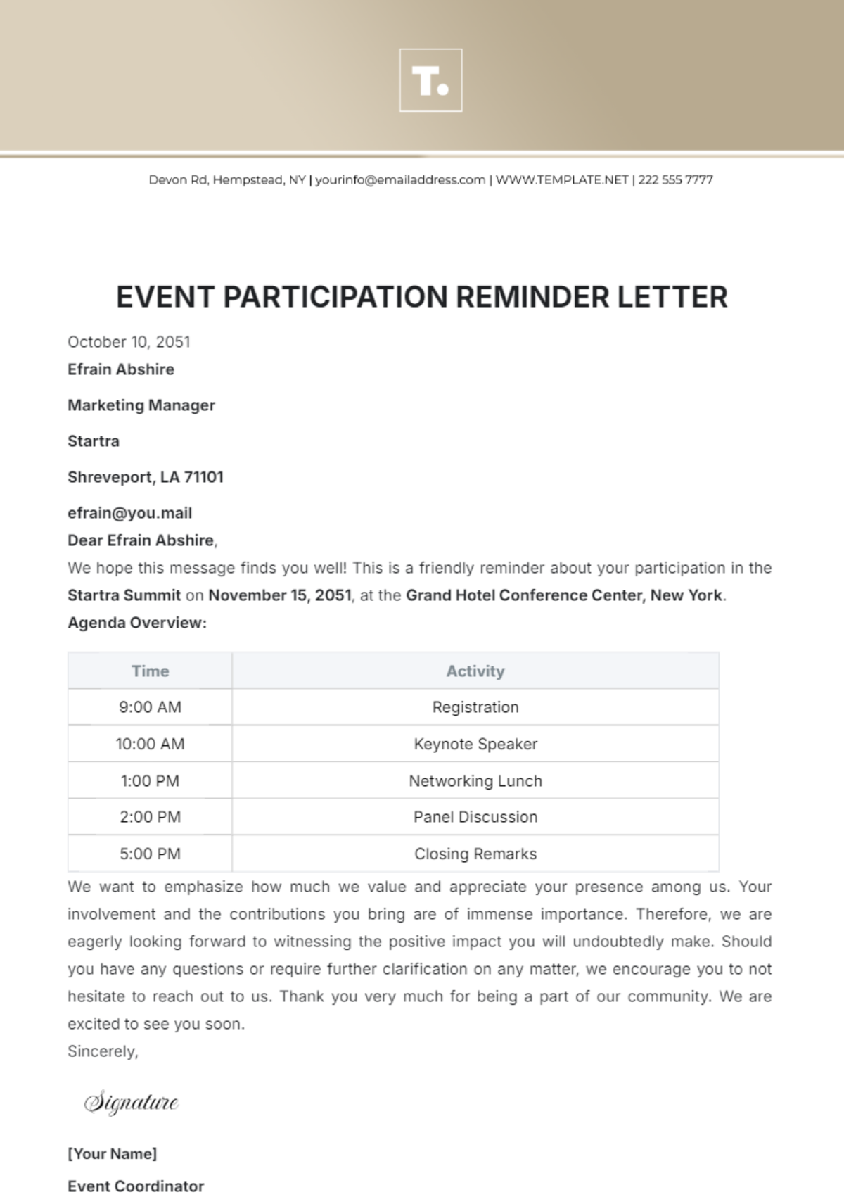 Event Participation Reminder Letter Template - Edit Online & Download