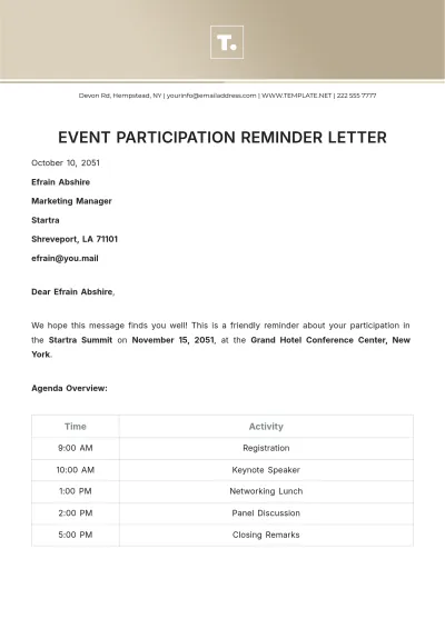 Free Event Participation Reminder Letter Template to Edit Online