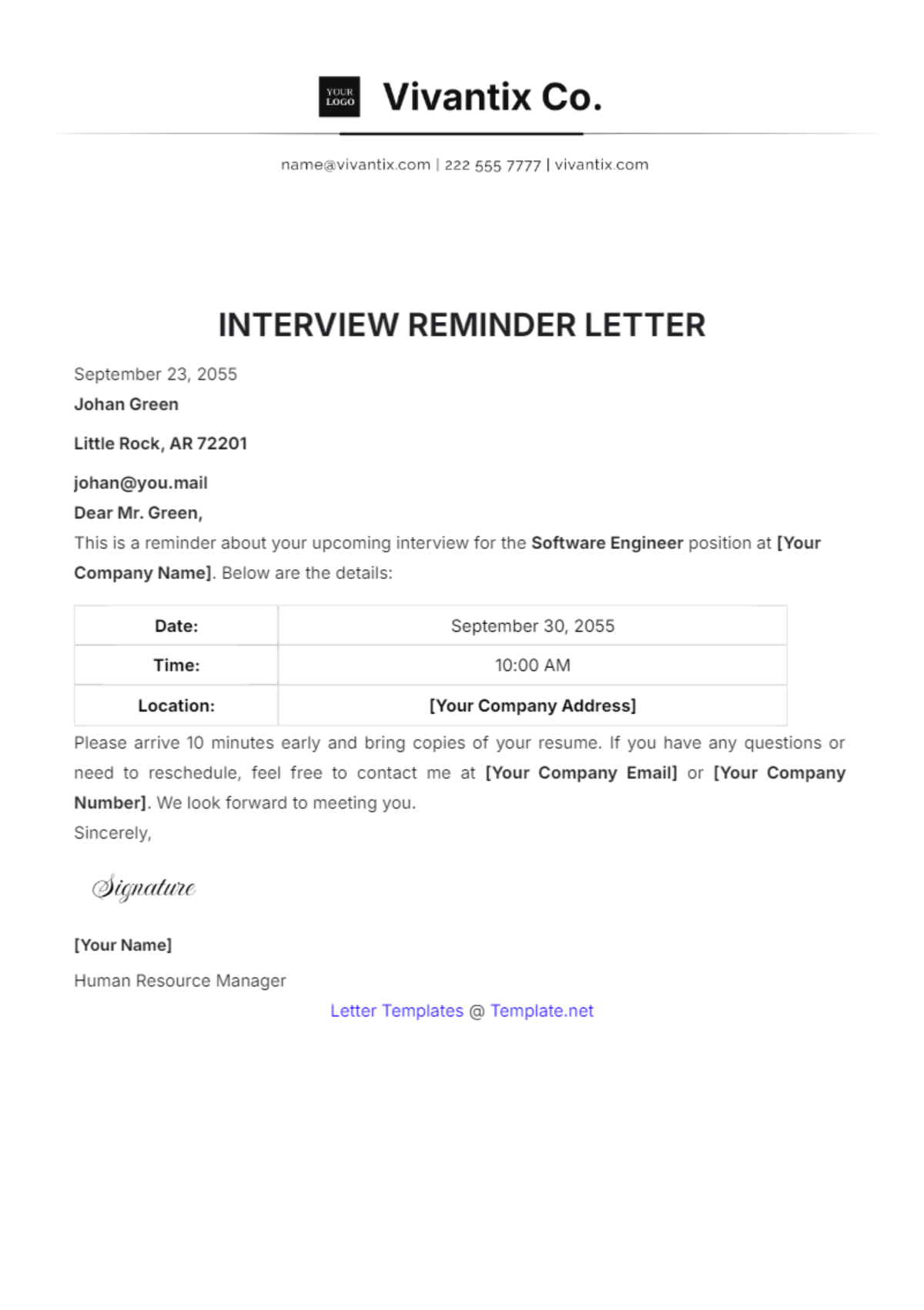 Interview Reminder Letter Template - Edit Online & Download